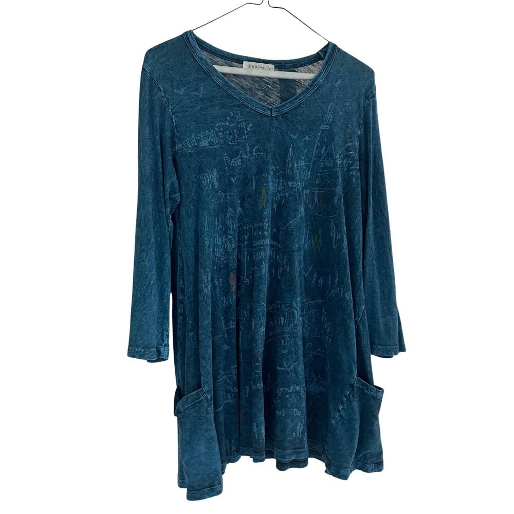 Jess & Jane Mineral Wash Tunic & Legging Set Teal Indigo 2pc Top S Pants M